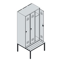 C+P Spind Classic PLUS, Bank, 3 Abteile, 2120x900x815mm, 7035/3003 Verschluss Zylinderschloss 3 Garderobenhaken  Dekor Banklatte