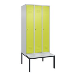 C+P Spind Classic PLUS, Bank, 3 Abteile, 2120x900x815mm, 7035/0024 Verschluss Zylinderschloss 3 Garderobenhaken  Dekor Banklatte