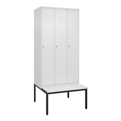 C+P Spind Classic PLUS, Bank, 3 Abteile, 2120x900x815mm, 9016/9016 Verschluss Zylinderschloss 3 Garderobenhaken  Dekor Banklatte
