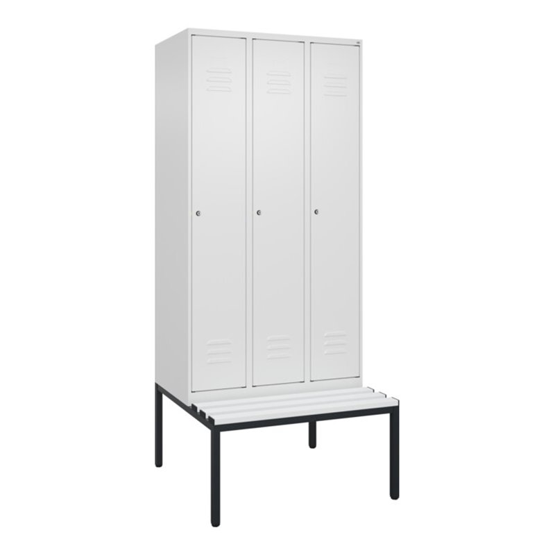 C+P Spind Classic PLUS, Bank, 3 Abteile, 2120x900x815mm, 9016/9016 Verschluss Zylinderschloss 3 Garderobenhaken  Dekor Banklatte