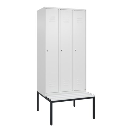 C+P Spind Classic PLUS, Bank, 3 Abteile, 2120x900x815mm, 9016/9016 Verschluss Zylinderschloss 3 Garderobenhaken  Dekor Banklatte