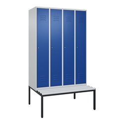 C+P Spind Classic PLUS, Bank, 4 Abteile, 2120x1200x815mm, 7035/5010 Verschluss Zylinderschloss 3 Garderobenhaken  Dekor Banklatt