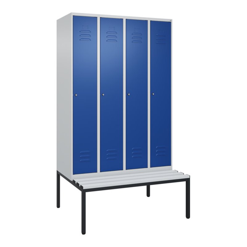 C+P Spind Classic PLUS, Bank, 4 Abteile, 2120x1200x815mm, 7035/5010 Verschluss Zylinderschloss 3 Garderobenhaken  Dekor Banklatt