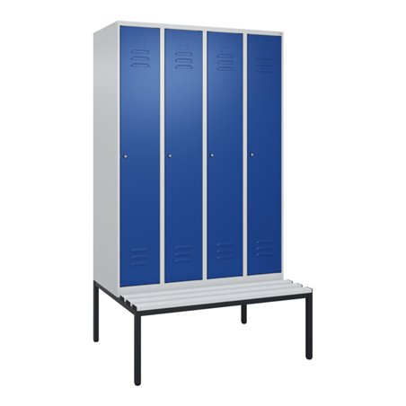 C+P Spind Classic PLUS, Bank, 4 Abteile, 2120x1200x815mm, 7035/5010 Verschluss Zylinderschloss 3 Garderobenhaken  Dekor Banklatt