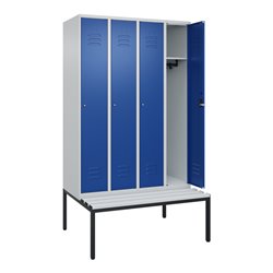 C+P Spind Classic PLUS, Bank, 4 Abteile, 2120x1200x815mm, 7035/5010 Verschluss Zylinderschloss 3 Garderobenhaken  Dekor Banklatt