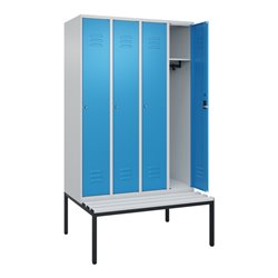 C+P Spind Classic PLUS, Bank, 4 Abteile, 2120x1200x815mm, 7035/5012 Verschluss Zylinderschloss 3 Garderobenhaken  Dekor Banklatt