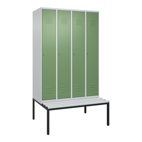 C+P Spind Classic PLUS, Bank, 4 Abteile, 2120x1200x815mm, 7035/6011 Verschluss Zylinderschloss 3 Garderobenhaken  Dekor Banklatt