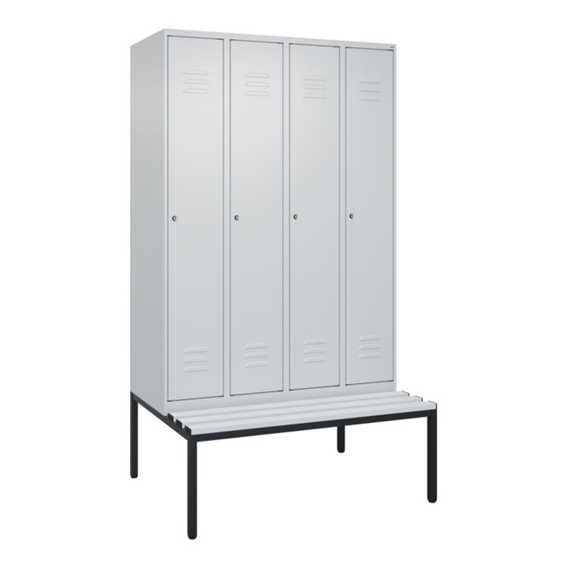 C+P Spind Classic PLUS, Bank, 4 Abteile, 2120x1200x815mm, 7035/7035 Verschluss Zylinderschloss 3 Garderobenhaken  Dekor Banklatt