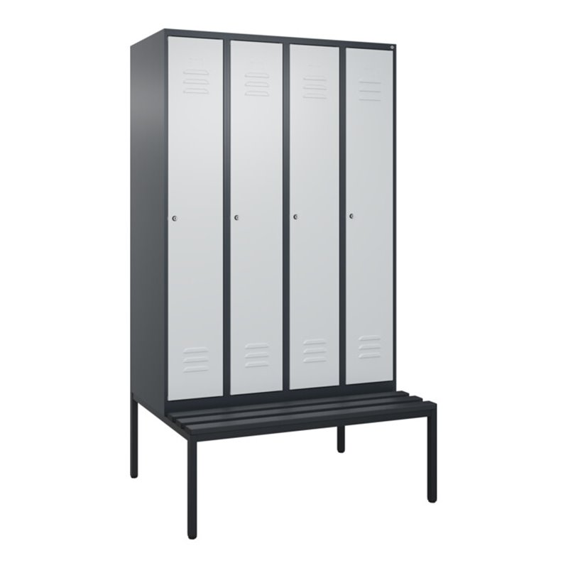 C+P Spind Classic PLUS, Bank, 4 Abteile, 2120x1200x815mm, 7016/7035 Verschluss Zylinderschloss 3 Garderobenhaken  Dekor Banklatt