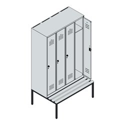 C+P Spind Classic PLUS, Bank, 4 Abteile, 2120x1200x815mm, 7016/7035 Verschluss Zylinderschloss 3 Garderobenhaken  Dekor Banklatt