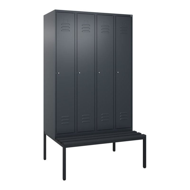 C+P Spind Classic PLUS, Bank, 4 Abteile, 2120x1200x815mm, 7016/7016 Verschluss Zylinderschloss 3 Garderobenhaken  Dekor Banklatt