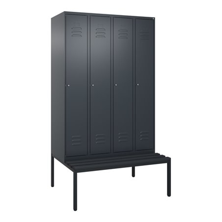 C+P Spind Classic PLUS, Bank, 4 Abteile, 2120x1200x815mm, 7016/7016 Verschluss Zylinderschloss 3 Garderobenhaken  Dekor Banklatt