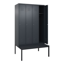 C+P Spind Classic PLUS, Bank, 4 Abteile, 2120x1200x815mm, 7016/7016 Verschluss Zylinderschloss 3 Garderobenhaken  Dekor Banklatt