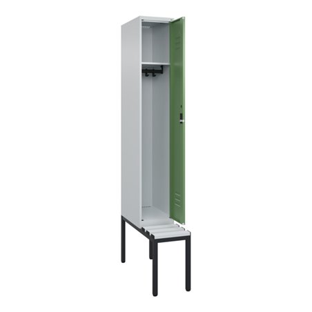 C+P Spind Classic PLUS, Bank, 1 Abteil, 2120x300x815mm, 7035/6011 Verschluss Zylinderschloss 3 Garderobenhaken  Dekor Banklatten