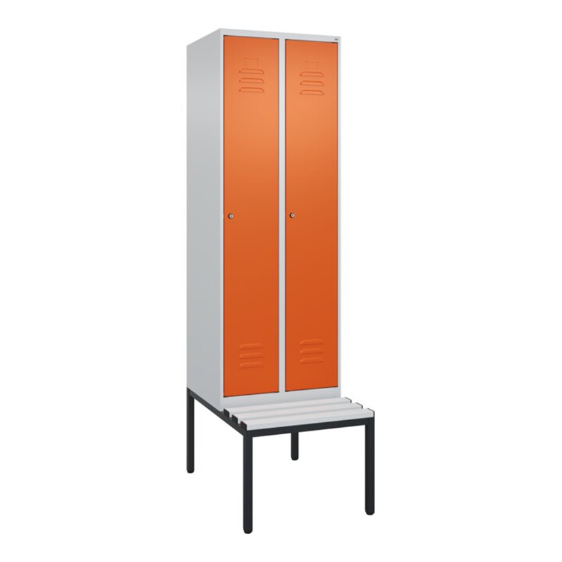C+P Spind Classic PLUS, Bank, 2 Abteile, 2120x600x815mm, 7035/2004 Verschluss Zylinderschloss 3 Garderobenhaken  Dekor Banklatte