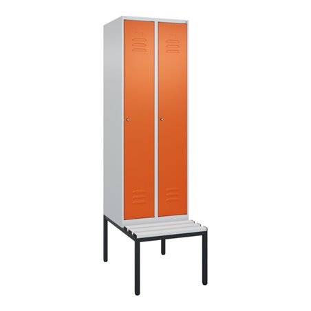 C+P Spind Classic PLUS, Bank, 2 Abteile, 2120x600x815mm, 7035/2004 Verschluss Zylinderschloss 3 Garderobenhaken  Dekor Banklatte