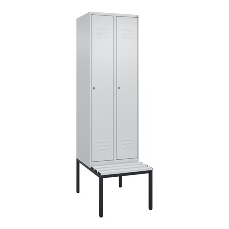 C+P Spind Classic PLUS, Bank, 2 Abteile, 2120x600x815mm, 7035/7035 Verschluss Zylinderschloss 3 Garderobenhaken  Dekor Banklatte