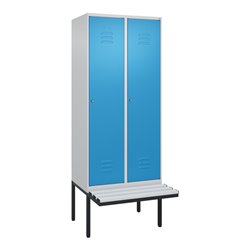 C+P Spind Classic PLUS, Bank, 2 Abteile, 2120x800x815mm, 7035/5012 Verschluss Zylinderschloss 4 Garderobenhaken  Dekor Banklatte