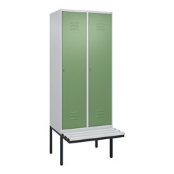 C+P Spind Classic PLUS, Bank, 2 Abteile, 2120x800x815mm, 7035/6011 Verschluss Zylinderschloss 4 Garderobenhaken  Dekor Banklatte