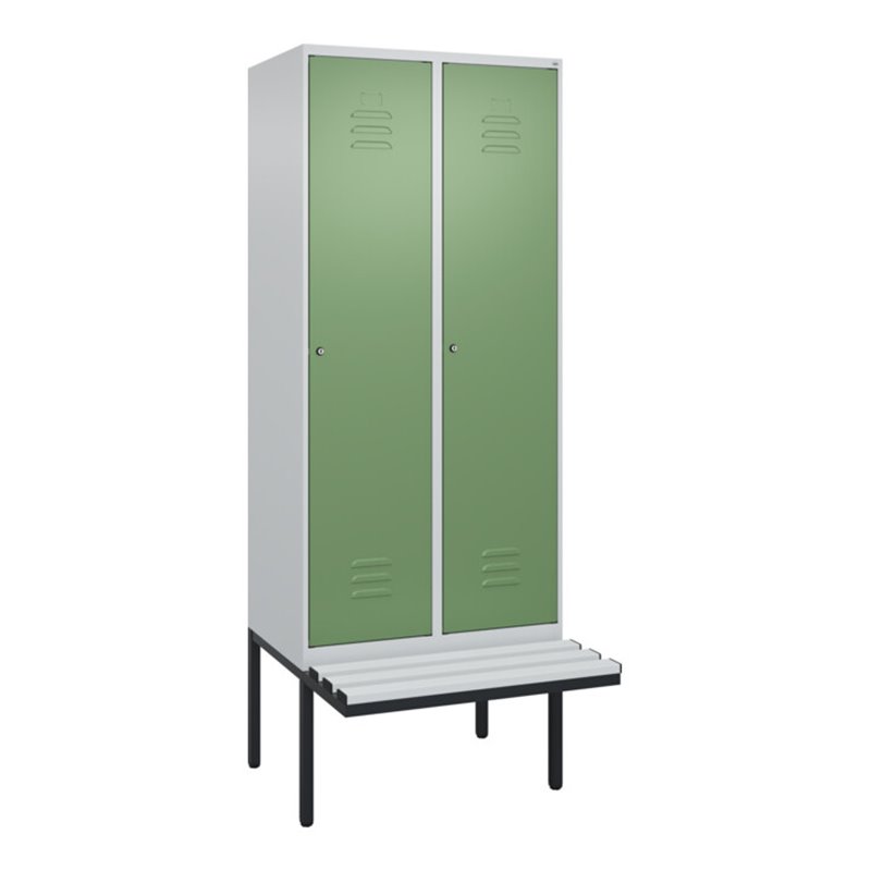 C+P Spind Classic PLUS, Bank, 2 Abteile, 2120x800x815mm, 7035/6011 Verschluss Zylinderschloss 4 Garderobenhaken  Dekor Banklatte