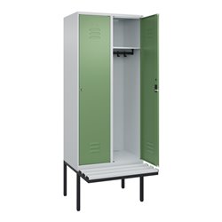 C+P Spind Classic PLUS, Bank, 2 Abteile, 2120x800x815mm, 7035/6011 Verschluss Zylinderschloss 4 Garderobenhaken  Dekor Banklatte