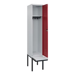 C+P Spind Classic PLUS, Bank, 1 Abteil, 2120x400x815mm, 7035/3003 Verschluss Zylinderschloss 4 Garderobenhaken  Dekor Banklatten