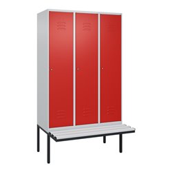 C+P Spind Classic PLUS, Bank, 3 Abteile, 2120x1200x815mm, 7035/3020 Verschluss Zylinderschloss 4 Garderobenhaken  Dekor Banklatt
