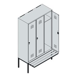 C+P Spind Classic PLUS, Bank, 3 Abteile, 2120x1200x815mm, 7035/3020 Verschluss Zylinderschloss 4 Garderobenhaken  Dekor Banklatt