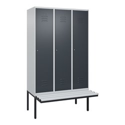 C+P Spind Classic PLUS, Bank, 3 Abteile, 2120x1200x815mm, 7035/7016 Verschluss Zylinderschloss 4 Garderobenhaken  Dekor Banklatt