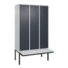 C+P Spind Classic PLUS, Bank, 3 Abteile, 2120x1200x815mm, 7035/7016 Verschluss Zylinderschloss 4 Garderobenhaken  Dekor Banklatt