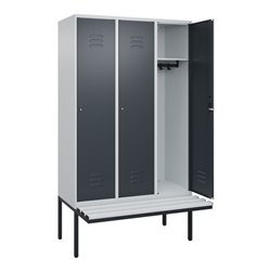 C+P Spind Classic PLUS, Bank, 3 Abteile, 2120x1200x815mm, 7035/7016 Verschluss Zylinderschloss 4 Garderobenhaken  Dekor Banklatt