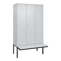 C+P Spind Classic PLUS, Bank, 3 Abteile, 2120x1200x815mm, 7035/7035 Verschluss Zylinderschloss 4 Garderobenhaken  Dekor Banklatt