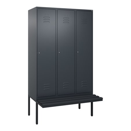 C+P Spind Classic PLUS, Bank, 3 Abteile, 2120x1200x815mm, 7016/7016 Verschluss Zylinderschloss 4 Garderobenhaken  Dekor Banklatt