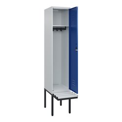 C+P Spind Classic PLUS, Bank, 1 Abteil, 2120x400x815mm, 7035/5010 Verschluss Zylinderschloss 4 Garderobenhaken  Dekor Banklatten