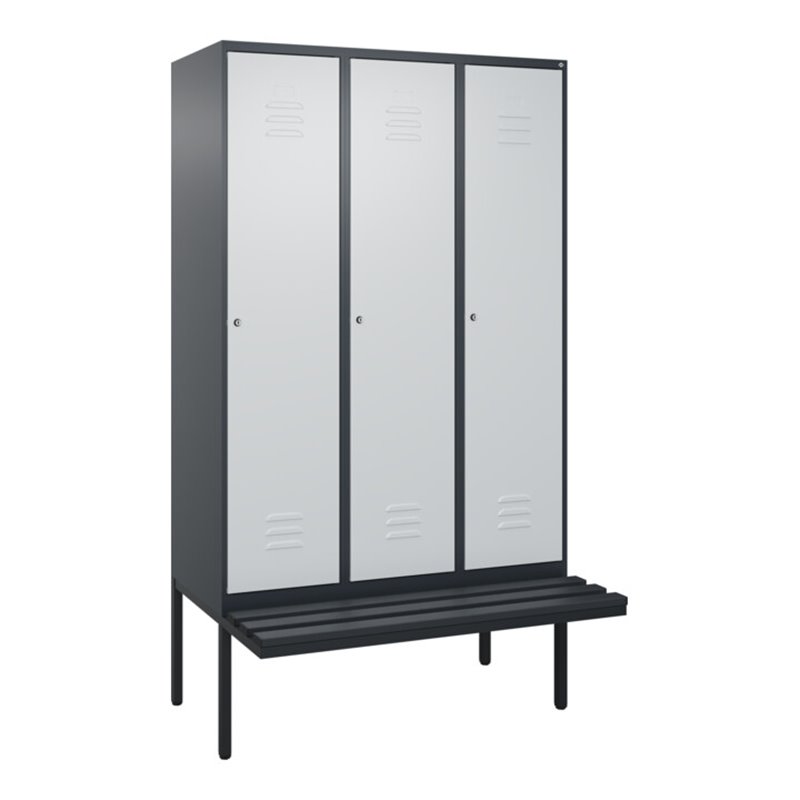 C+P Spind Classic PLUS, Bank, 3 Abteile, 2120x1200x815mm, 7016/7035 Verschluss Zylinderschloss 4 Garderobenhaken  Dekor Banklatt