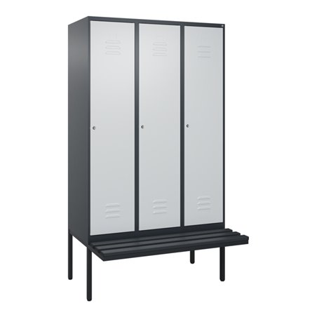 C+P Spind Classic PLUS, Bank, 3 Abteile, 2120x1200x815mm, 7016/7035 Verschluss Zylinderschloss 4 Garderobenhaken  Dekor Banklatt