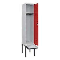 C+P Spind Classic PLUS, Bank, 1 Abteil, 2120x400x815mm, 7035/3020 Verschluss Zylinderschloss 4 Garderobenhaken  Dekor Banklatten