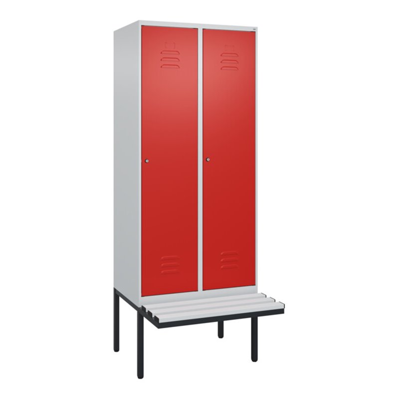 C+P Spind Classic PLUS, Bank, 2 Abteile, 2120x800x815mm, 7035/3020 Verschluss Zylinderschloss 4 Garderobenhaken  Dekor Banklatte