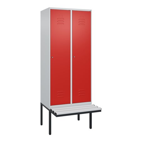 C+P Spind Classic PLUS, Bank, 2 Abteile, 2120x800x815mm, 7035/3020 Verschluss Zylinderschloss 4 Garderobenhaken  Dekor Banklatte