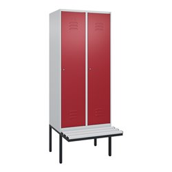 C+P Spind Classic PLUS, Bank, 2 Abteile, 2120x800x815mm, 7035/3003 Verschluss Zylinderschloss 4 Garderobenhaken  Dekor Banklatte
