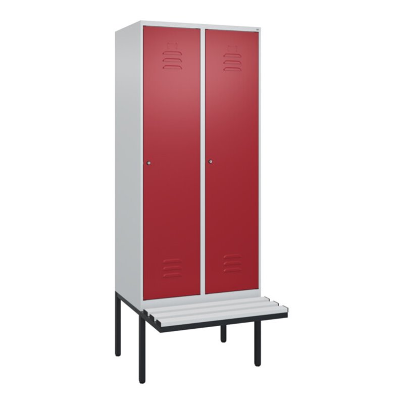C+P Spind Classic PLUS, Bank, 2 Abteile, 2120x800x815mm, 7035/3003 Verschluss Zylinderschloss 4 Garderobenhaken  Dekor Banklatte