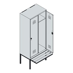 C+P Spind Classic PLUS, Bank, 2 Abteile, 2120x800x815mm, 7035/5023 Verschluss Zylinderschloss 4 Garderobenhaken  Dekor Banklatte