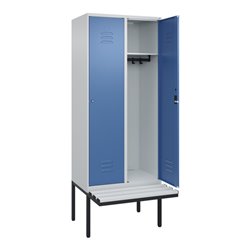 C+P Spind Classic PLUS, Bank, 2 Abteile, 2120x800x815mm, 7035/5023 Verschluss Zylinderschloss 4 Garderobenhaken  Dekor Banklatte