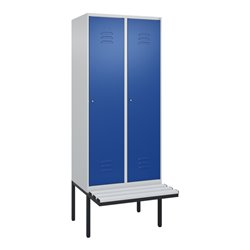 C+P Spind Classic PLUS, Bank, 2 Abteile, 2120x800x815mm, 7035/5010 Verschluss Zylinderschloss 4 Garderobenhaken  Dekor Banklatte