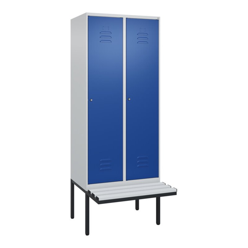 C+P Spind Classic PLUS, Bank, 2 Abteile, 2120x800x815mm, 7035/5010 Verschluss Zylinderschloss 4 Garderobenhaken  Dekor Banklatte