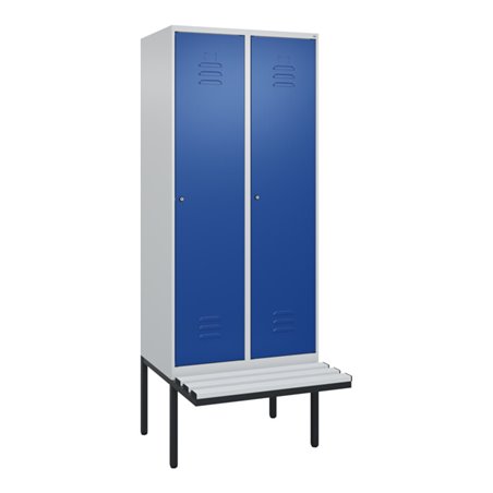 C+P Spind Classic PLUS, Bank, 2 Abteile, 2120x800x815mm, 7035/5010 Verschluss Zylinderschloss 4 Garderobenhaken  Dekor Banklatte