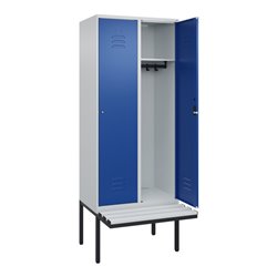 C+P Spind Classic PLUS, Bank, 2 Abteile, 2120x800x815mm, 7035/5010 Verschluss Zylinderschloss 4 Garderobenhaken  Dekor Banklatte