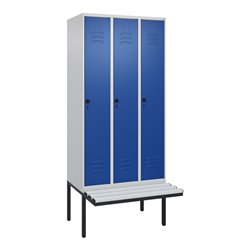 C+P Spind Classic PLUS, Bank, 3 Abteile, 2120x900x815mm, 7035/5010 Verschluss Sicherheits-Drehriegel 3 Garderobenhaken  Dekor Ba