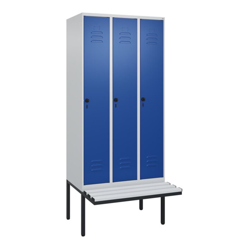 C+P Spind Classic PLUS, Bank, 3 Abteile, 2120x900x815mm, 7035/5010 Verschluss Sicherheits-Drehriegel 3 Garderobenhaken  Dekor Ba