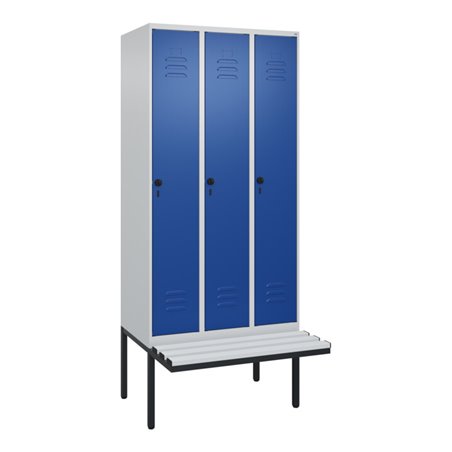 C+P Spind Classic PLUS, Bank, 3 Abteile, 2120x900x815mm, 7035/5010 Verschluss Sicherheits-Drehriegel 3 Garderobenhaken  Dekor Ba